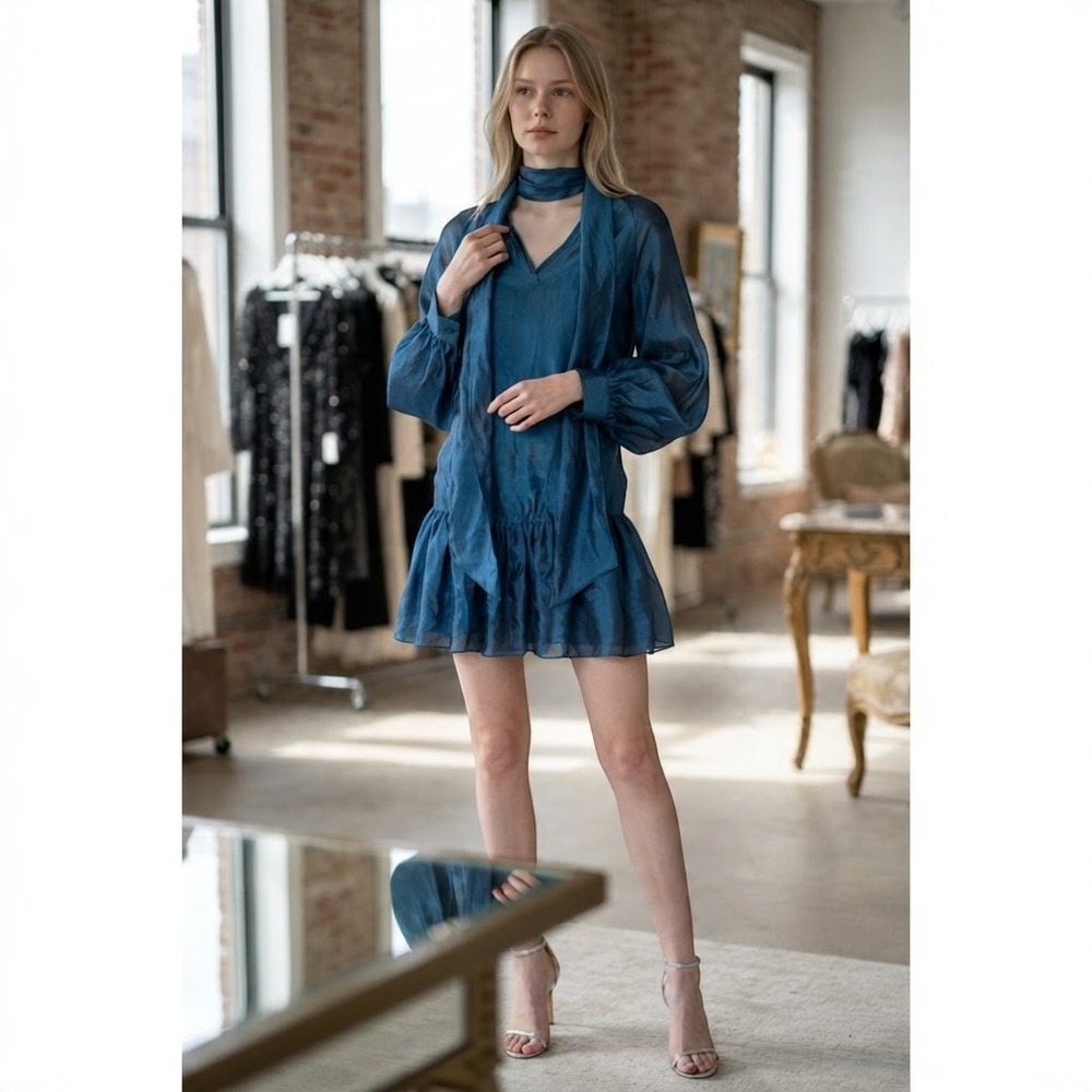 Seni‎ & Cade Blue Iridescent Tie Neck Ruffle Hem Mini dress Metallic Small NWT